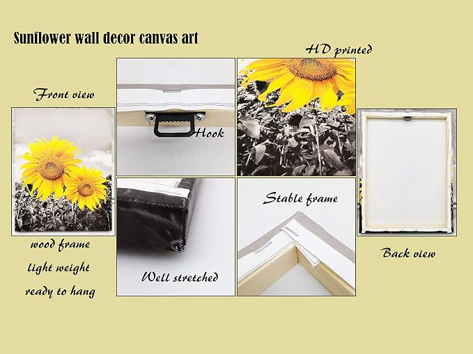 USIXA Sunflower Wall Art for Living Room Black White Flowers Wall Decor Yellow Floral Canvas Prints Painting Wood Frame with Hook Decorative Botanical Blossom Picture Artwork in 3 Panels 12×16 Inches