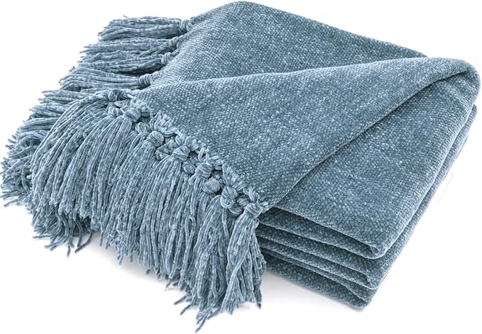 RECYCO Throw Blanket Soft Cozy Chenille Throw Blanket with Fringe Tassel for Couch Sofa Chair Bed Living Room Gift (Dusty Blue, 60'' x 80'') | Super Soft Knit Throw Blanket with Fringe Tassels, Lightweight Knitted Throw, Cozy, Ideal for Sofa Chair Bed ...