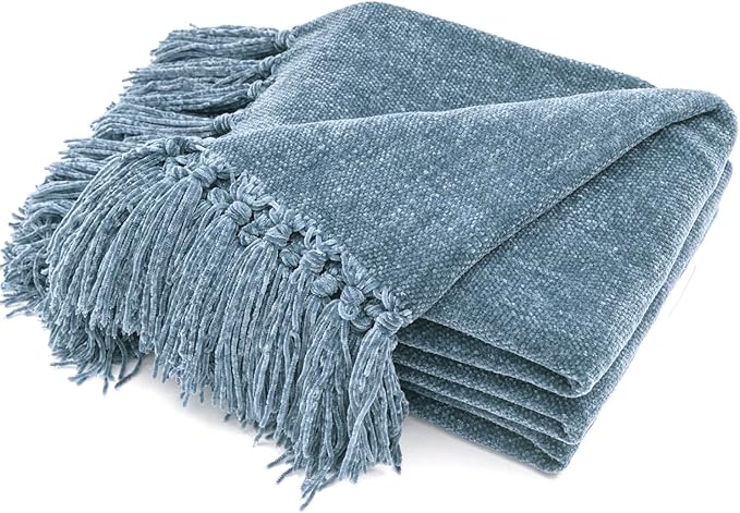 RECYCO Chenille Throw Blanket for Couch, 50"x60", Dusty Blue | Super Soft Knit Throw Blanket with Fringe Tassels, Lightweight Knitted Throw, Cozy, Ideal for Sofa Chair Bed Living Room Gift