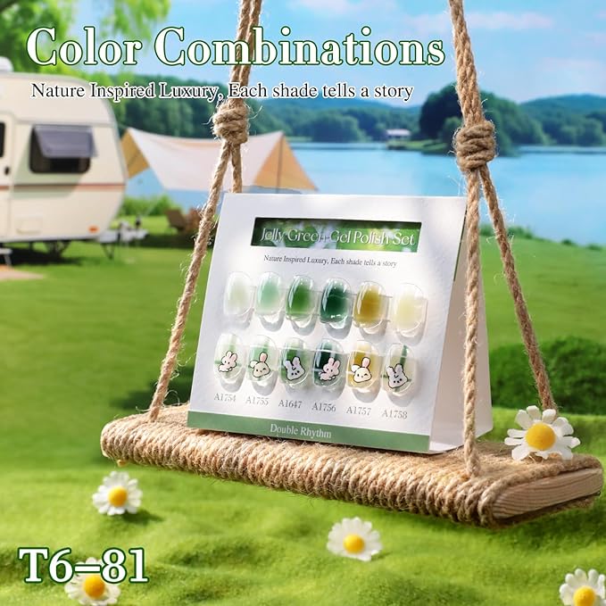 Double Rhythm 6 Pcs 15 ML Gel Polish Set Same Color Same Bottle Soak Off Gel Polish Kit Nail Art Manicure Salon DIY at Home for Women (Jelly Milky Light Green Olive Teal-T6-81)