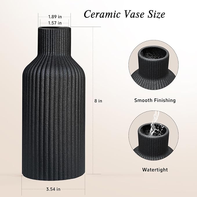 Ceramic Flower Vase, Minimalist Modern Home Decor, Matte Finish Pampas Grass Vase for Table, Fireplace, Shelf, Mantel, Entryway and Centerpieces (Black)
