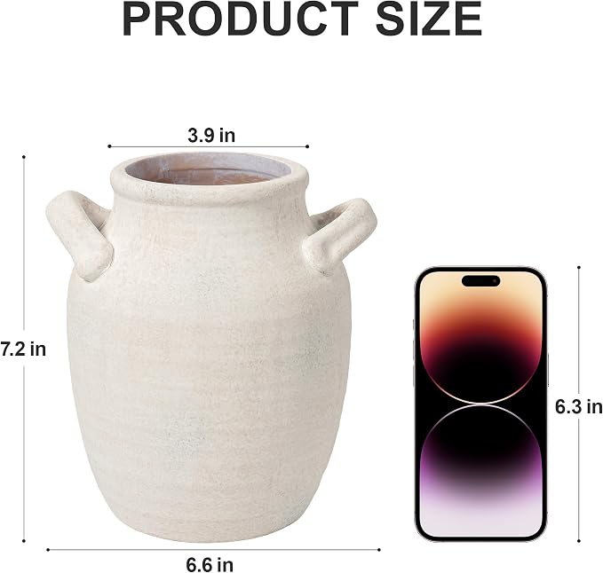 DREAMLOOM 7.2 Inch Ceramic Flower Vase, White | Double Handles, Farmhouse Vintage, Pottery Terracotta, Home Decor, Living Room Dining Table Wedding Centerpieces