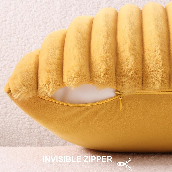 Pallene Faux Fur Decorative Throw Pillow Covers 22x22 Set of 2, Yellow | Luxury Plush Texture, Striped Design, Cozy Soft Touch, Modern Home Accent Decor for Couch, Sofa, Bed, Living Room