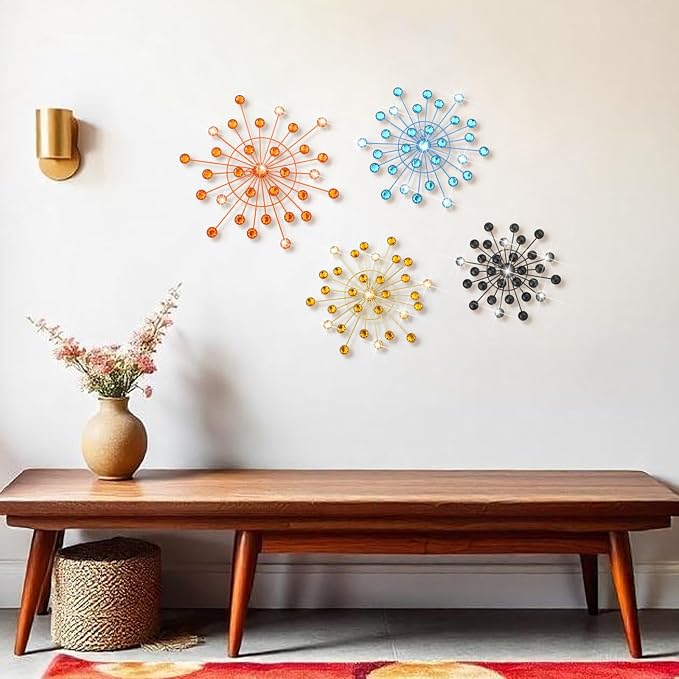 Blulu 4 Pcs Metal Wall Decor Bling Crystal Wall Art Cast Iron Rhinestones Sunburst Decor Starburst Art Hanging Diamond Accents Home Decorative for Living Room Bedroom Entryway (Mid Century)