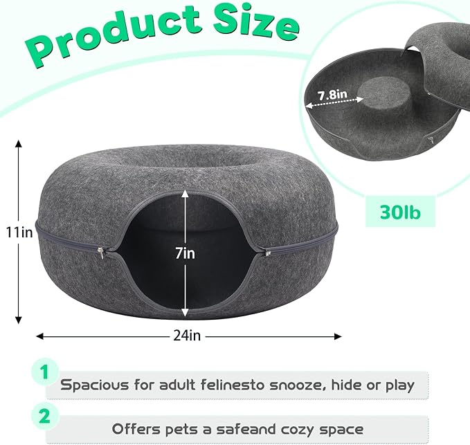 Cat Caves for Indoor Cats, Large Cat Tunnel for Multiple & Large Cats, Scratch Detachable Cave Bed, Kitten Donut Kitty Hideaway Up to 45 Lbs (Dark Grey, Large, 1 Pack)