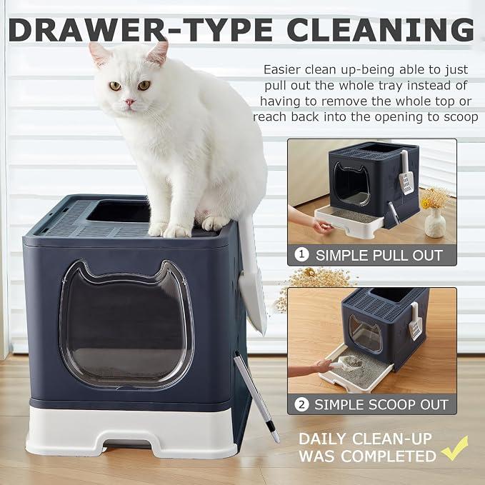 Cat Litter Box with Lid, Foldable Enclosed Covered Top Entry Kitten Litter Boxes for Growing Cats, Drawer Type Kitty Toilet with in/Out Front Door