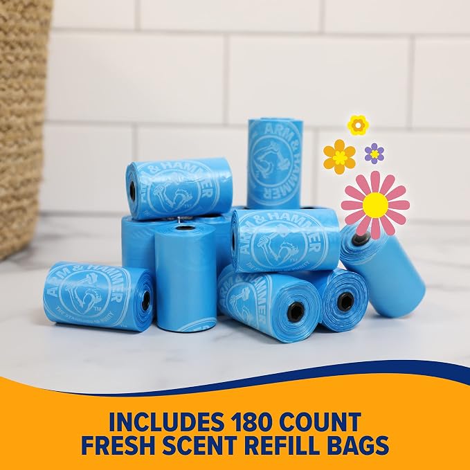 Arm & Hammer Durable Disposable Dog And Cat Waste Bags With Activated Baking Soda, 180 Dog Poop Bags, 9 x 14 Inches, Blue (Pack of 2)