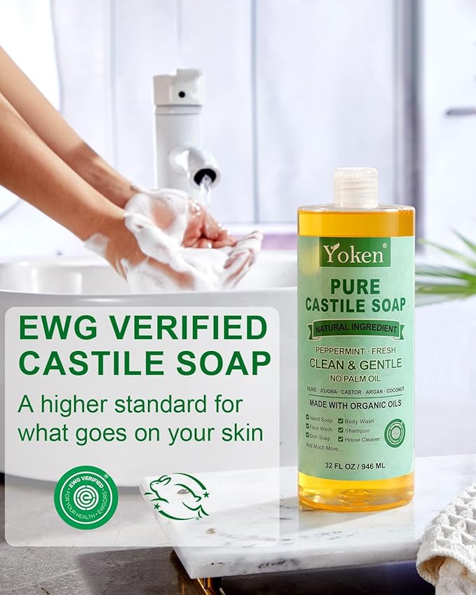 Yoken Peppermint Castile Soap Liquid (EWG Verified, 32 OZ) Made with Certified Organic Oils, Gentle Peppermint Soap for Body Wash, Face, Hands, Dishes, Laundry & More, Vegan Natural Versatile Cleanser