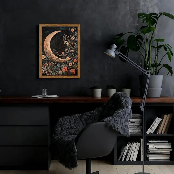 JLTULT Floral Moon Wall Art, Gothic Botanical Framed Canvas, 12 x 16 In | Dark floral moon art on fade-resistant canvas with a ready-to-hang wood frame for bedrooms, living rooms and bathrooms