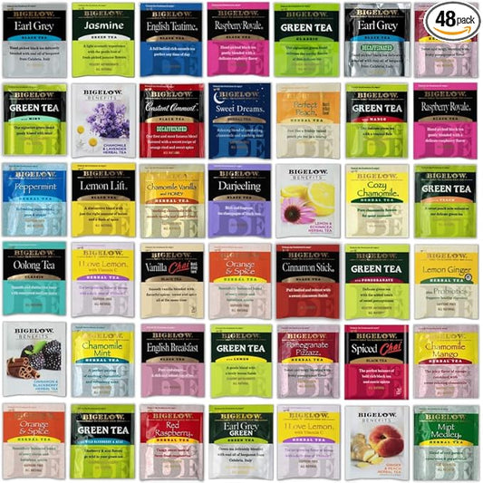 Bigelow Tea Sampler Assortment Variety Pack 48 Count + 20 Honey Sticks - 24 Flavors - Perfect For Tea Lovers