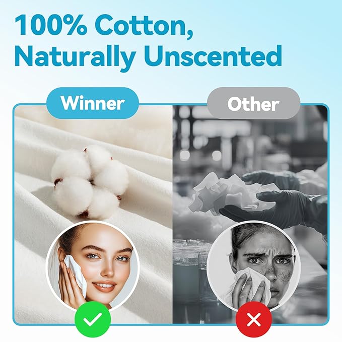 Winner Soft Face Towels, Upgraded Thicker 100% USA Cotton Dry Wipes, Unscented and Gentle on Sensitive Skin, Disposable Makeup Remover and Facial Towelettes (480 Count, Pack of 6)