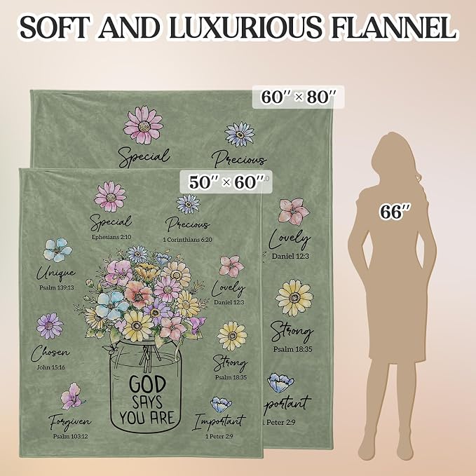 Christian Gifts for Women, Christian Birthday Blanket with Flowers | Religious Christmas Spiritual Baptism Gifts for Grandma Nana Mom Female Friend Sister, Throw Blankets 80''x 60'', Sage Green