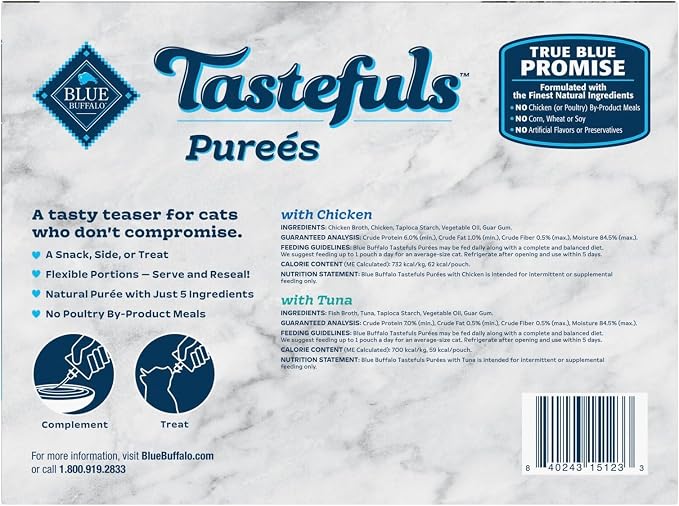 Blue Buffalo Tastefuls Purées Variety Pack, Natural Cat Food Complement, Resealable Twist Cap Pouches, Chicken and Tuna, 3-oz (Pack of 24), 12 of Each Flavor