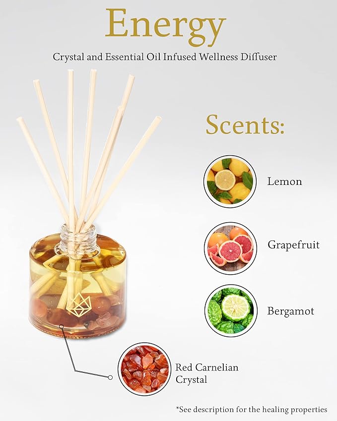 Crystal Infused Reed Diffuser, 4 OZ, Energy - Red Carnelian Crystal Infused - Scents of Lemon, Grapefruit, & Bergamot - Home Decor, House Warming, Room, Stick Perfume, Coffee Table