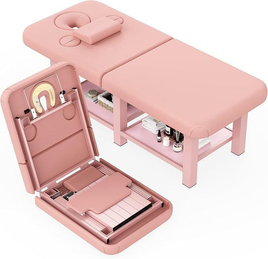 Extra Large 34''×80'' Folding Stationary Massage Table with Adjustable Backrest, Heavy-Duty Metal Frame PU Leather Treatment Bed for Spa, Physical Therapy, Tattoo, Facial & Medical Exam - Pink