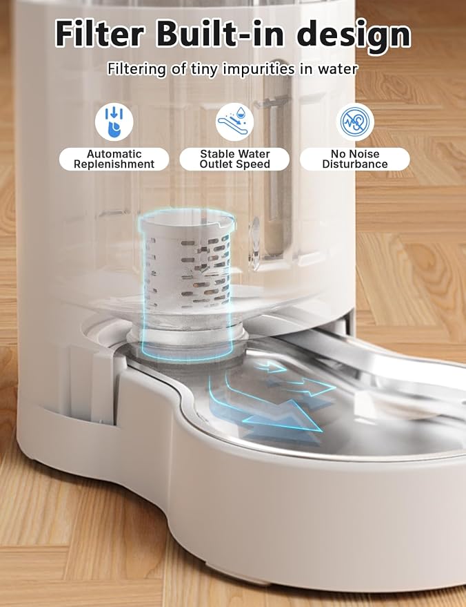 JUNSPOW Cat Water Dispenser with Filter and Stainless Steel Bowl (4L White) | Automatic Gravity Water Dispenser for Cats or Small Medium Size Dogs, Large Capacity, Easy to Clean