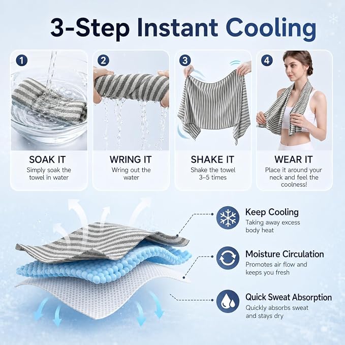 RDEKISS 4 Pack Cooling Towels for Hot Weather (40"x12"), Ice Cool Neck Towel, Soft Breathable Microfiber for Gym, Sport, Running, Yoga, Workout - Gray