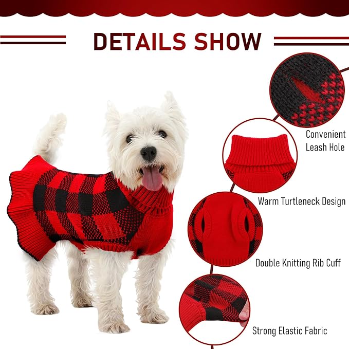 Dog Sweater Dress Plaid Knitwear for Small Medium Dogs Warm Puppy Pet Turtleneck Stretch Pullover Cute Fall Winter Vest Clothes with Leash Hole for Christmas (Red, XS)