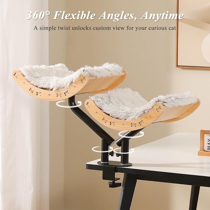 PEQULTI Desk Cat Bed for 2 Cats, 2-Tier 360° Rotating Cat Hammock, Beige | Clamp-on desk-edge perch holds 50 lbs wobble-free; removable washable cushion; bunk bed for 2 cats; no-drill, furniture-safe