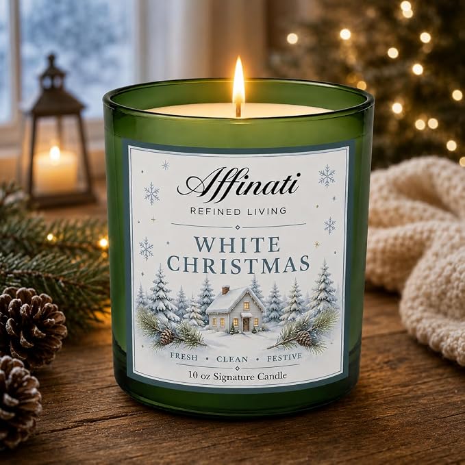Affinati White Christmas 10 oz Scented Candle – Long Lasting Holiday Soy Blend Candle for Home, Strong Scent Throw Crisp Evergreen Pine Winter Candle, Premium Clean Burning Festive Gift