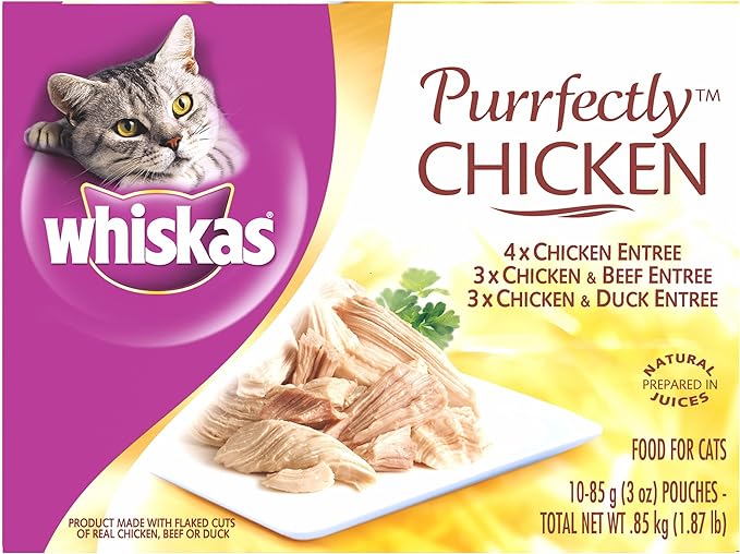 Whiskas Purrfectly Chicken Wet Cat Food, Variety Pack, 10 count, 4 pack | Chicken, Chicken & Beef & Duck varieties, Flavor-Lock pouches seal in juices, 9% crude protein, Pack of 4