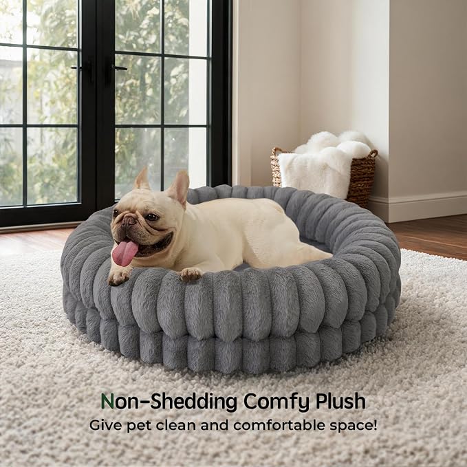BALANCE Luxury Donut Dog Bed, 30 Inches Round Dog Bed Medium Size Dogs Washable, Orthopedic Calming Dogs Bed for Pets with Anti-Slip Bottom, Gray