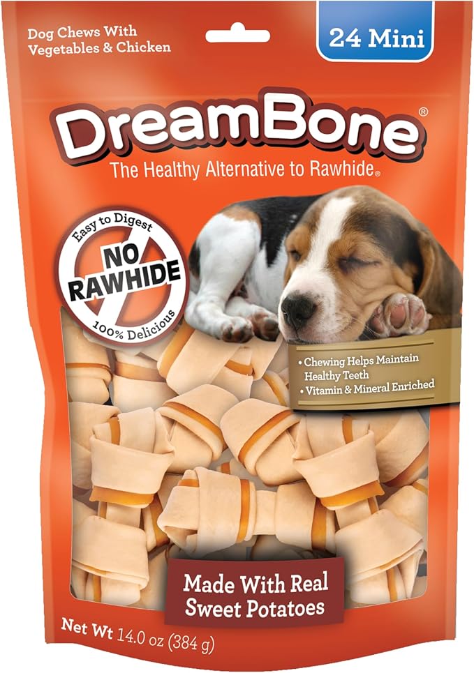 DreamBone Mini Bone Sweet Potato Rawhide-Free Dog Treats, 24 Count | Daily Chew, Digests Safely and Completely, Made With Real Chicken and Sweet Potato, For Adult Dogs