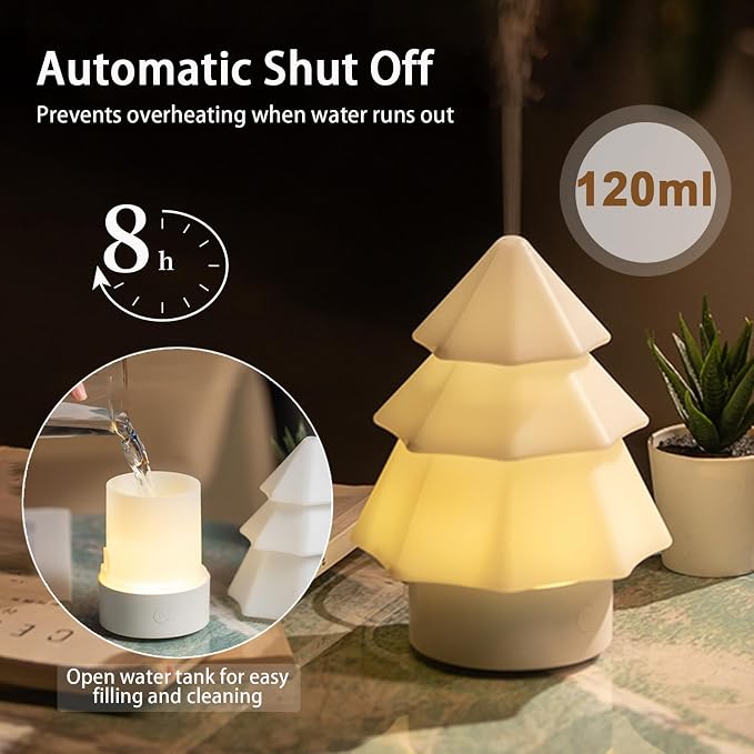 Christmas Tree Essential Oil Diffuser,Home Aromatherapy Machine with 7-Color LED Lights,120ml Ultrasonic Mist Humidifier,Water Shortage Power-Off Protection,Ideal Christmas Decoration&Gifts (White)