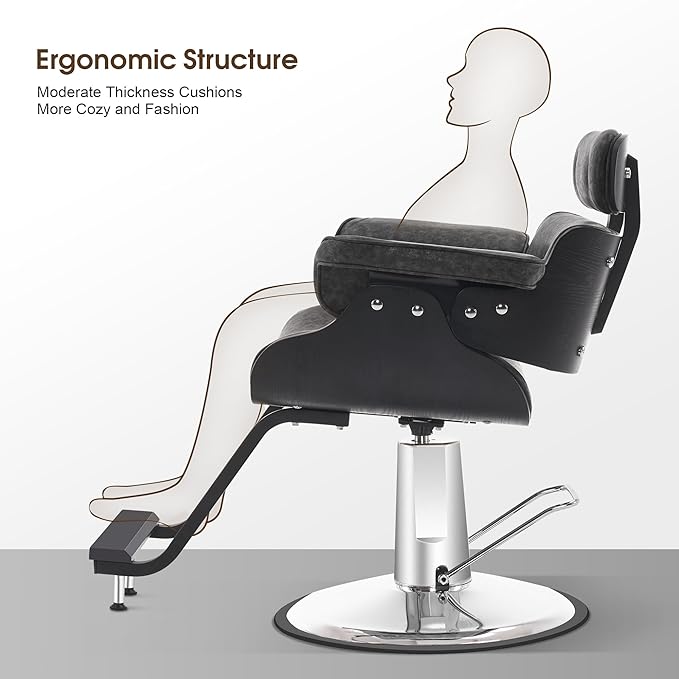 BarberPub Bend Wooden Salon Chair Hydraulic Chair Hair Cutting Beauty Spa Styling Equipment 8261(Dark Grey)