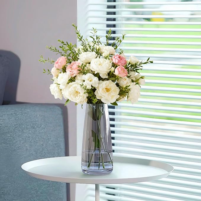Modern Glass Flower Vase for Home Decor Table Centerpiece, 8.3inch H, Gray | Glass Vases for a Dozen of Flowers, Floral Arrangement,Minimalist Vase for Dinner Table Mantel Entryway Shelf Reception Decor