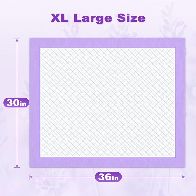 MIZOK Dog Pee Pads Wee Wee Pads Lavender Odor Control XXL 30x36in 40Ct | Purple Doggy Pads with Sticky Adhesive Tabs Bring Soothing Comfort to Your Home for Medium to Large Breed Puppies