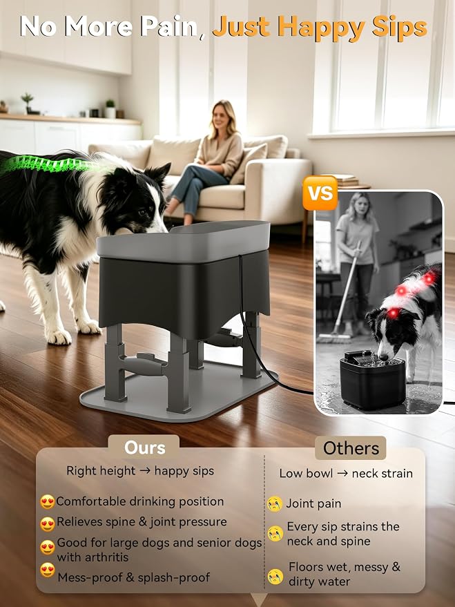 11L Elevated Dog Water Fountain No-Spill with 4 Heights Adjustable | Large Capacity, No-Splash, Anti-Slip Mat, 304 Stainless Steel Tray, 5-layer Filtration, for Senior/Large Dog & Multi-Pet Home