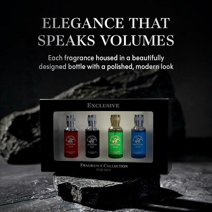 Beverly Hills Polo Club Men's Fragrance Collection - 4 Premium Eau de Toilette Colognes (1oz Each) - Diverse, Long-Lasting Scents: Blaze, Sexy, Rogue, Active - Ideal Gift Set for Him