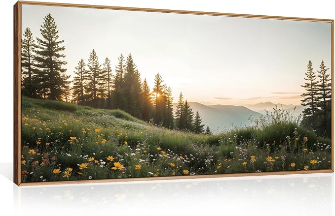 FWIEXA Green Forest Mountain Framed Canvas Wall Art Set, Wildflower Meadow Wall Decor, Floral Pictures Artwork, Nature Sunset Landscape Art Prints for Living Room, Bedroom, Office - Size 20"x40"