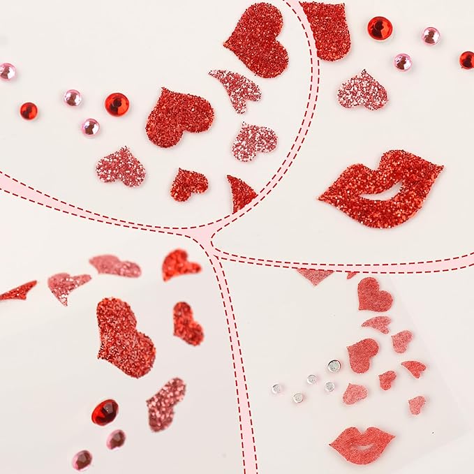 Valentine's Day Face Gems Face Jewels Stickers Red Love Heart Lip Self Adhesive Eye Body Face Nail Hair Crystal Rhinestones for Makeup Festival Glitter Face Art Decor 2Sheets (style1)