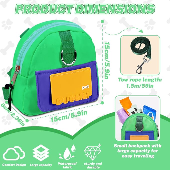 Adjustable Dog Backpack Harness with Leash & Poop Bag Dispenser, Waterproof Dog Saddle Bag, Pets Self Carrier Dog Harness Bag for 17-33 Lb Medium Doggy Travel Hiking Walking (Green)
