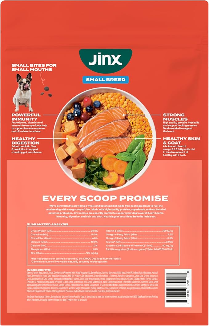 Jinx Grain Free Dry Dog Food, Small Breed - Real Salmon, 4lb | Premium Nutrient-Dense Kibble for Digestive Support & Healthy Immunity - Salmon, Sweet Potato & Carrot, No Fillers