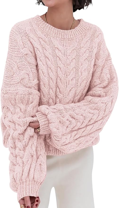 PRETTYGARDEN Womens Sweaters Spring 2026 Cable Knit Long Sleeve Crewneck Oversized Sweater Chunky Pullover Loose Outfits