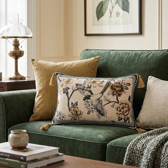Vintage Linen Rectangle Throw Pillow Cover,Set of 2,20"x12"-Murad A | Designer French Decor Pillow Cover,Concealed Zipper Design,Floral and Bird Pattern,Sofa,Bedroom,Living Room,Lounge Chairs