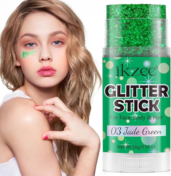Green Body Glitter Stick, Waterproof Face & Body Glitter Gel for Women for St Patrick's Day Outfit, Christmas, Mardi Gras, Rave & Singer Concert Accessories with Chunky Sequins