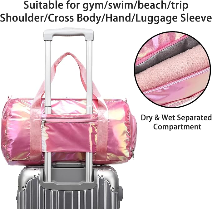 Gym Bag Sports Duffle Bag with Wet Pocket Weekender Overnight Bag with Waterproof Shoe Pouch and Air Hole for Girls Kids Women Travel Foldable Bag