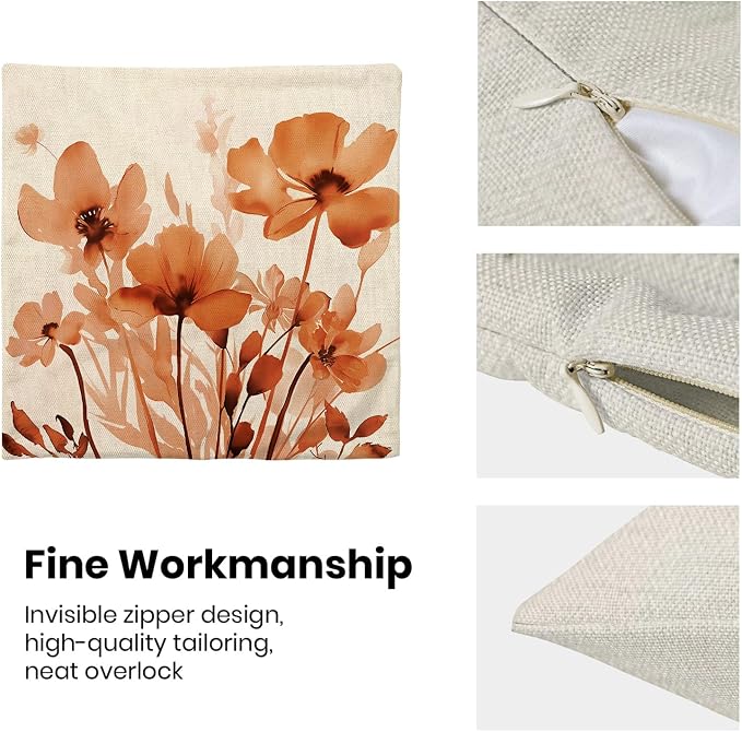 Spring Floral Pillow Covers 18x18 Inches Set of 2,Orange Floral Throw Pillow Covers Outdoor Summer Flower Decoration Pillowcase Farmhouse Decorative Square Linen Cushion Cover for Couch Sofa