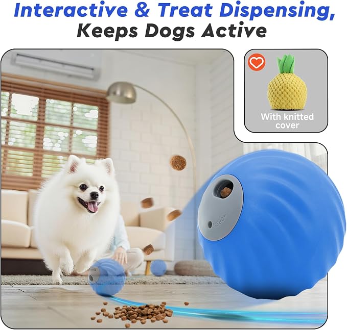 Interactive Dog Toys – Treat Dispensing Puzzle Ball, Food Dispenser Slow Feeder, Enrichment Toy to Keep Dogs Busy, Durable Dog Ball with Knitted Covers for Small Medium Dogs （Blue）