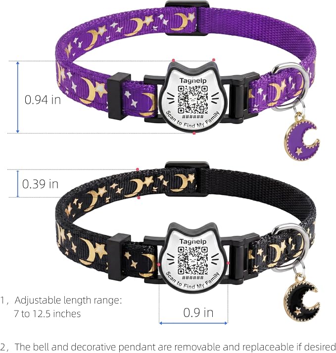 Stars and Moon Breakaway Cat Collars with Smart QR Code,Kitten Collar and Adjustable with Pendant Glow,Cute Kitty Collar for Girl Boy Cats,Pet Gifts,Accessories (Purple)