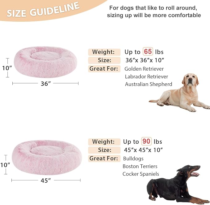 WNPETHOME Large Pink Round Calming Dog Bed Cat Bed for Comfy Sleep | Large Cute Washable Puppy & Cat Bed with Fluffy Plush, Faux Fur Anti Anxiety Pet Bed Donut Cuddler (36x36x10 Inch)