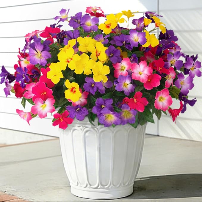 Fake Artificial Flowers for Outdoors 6 PCS Azalea Bouquet Silk Flowers for Outside UV Resistant Faux Flowers Plants for Outdoor Planters Realistic Spring Home Front Door Patio Garden Porch Decor