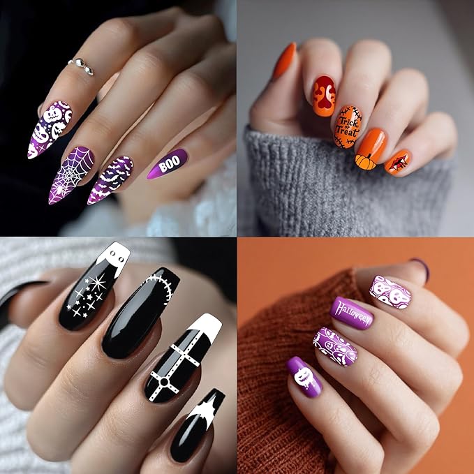 Arbuya Halloween Nail Art Stamping Plates Set of 3 - Mummy, Pumpkin, Bats, Skull, Blood Drops & French Tips - Stainless Steel Manicure Art Tools for DIY Print Manicure Salon Design Gift Supplies