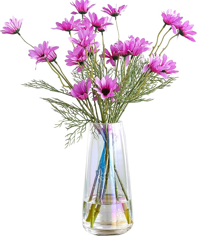 FANTESTICRYAN Modern Glass Vase, 8.7''H Decor Flower Vases Iridescent Clear | Crystal Clear Colored Vase, Fresh/Faux Floral Vases, For Home Office Table Centerpiece Decor Housewarming Gift for Lover