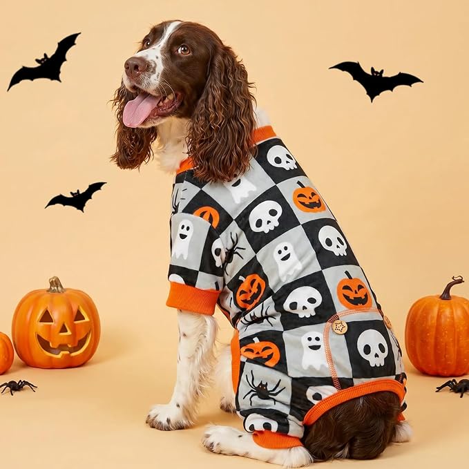 KYEESE Dog Halloween Pajamas for Small Dogs, Checkered Pumpkin Ghost | Cozy Halloween Outfit, Great for Halloween Photos, 4-Way Stretch, Lightweight & Breathable, Gentle on Sensitive Skin