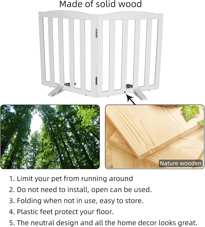 ZJSF Foldable Freestanding Indoor Dog Gate for House Wood White Long Pet Gates Dog Fence for Stairs Puppy Gates for Hallways,Pet Fence, Puppy Gate,Support Feet Included 24 "Height-2 Panels